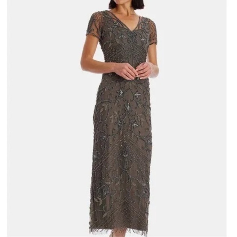 PISARRO NIGHTS Long Beaded Dress Evening Gown V-Neck Lined 8